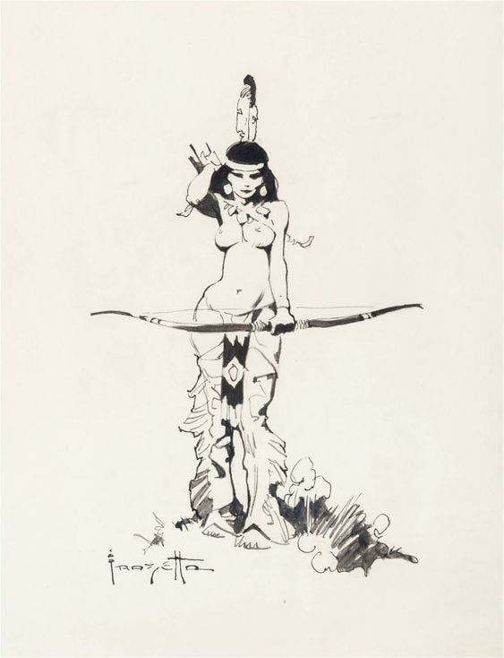 frank frazetta Indian girl with bow and bare breasts