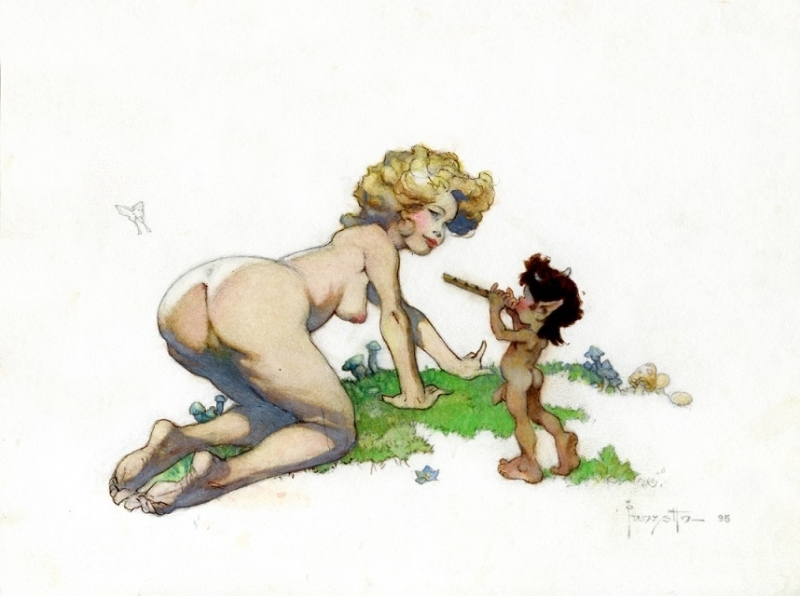 Frank Frazetta nude girl with troll playing the flute