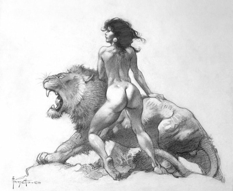 Frank Frazetta sketch with nude and tiger