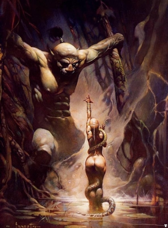 Frank Frazetta snake girl versus giant