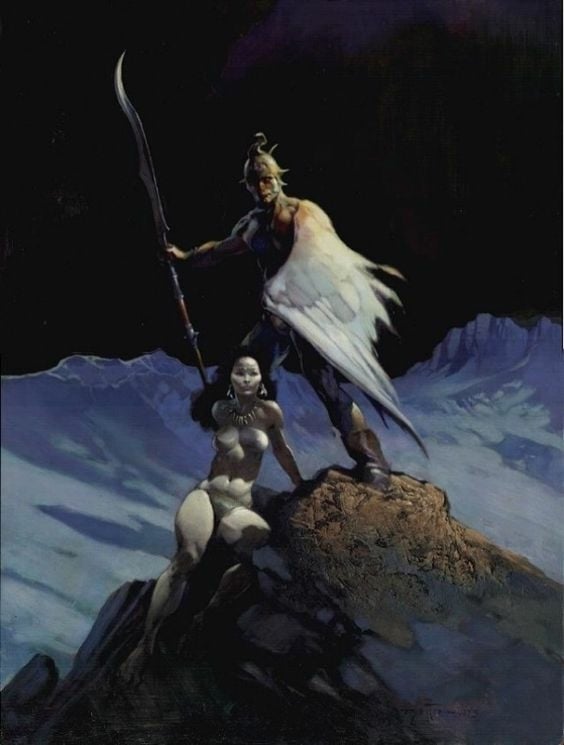 frank frazetta warrior and nude girl in the mountains