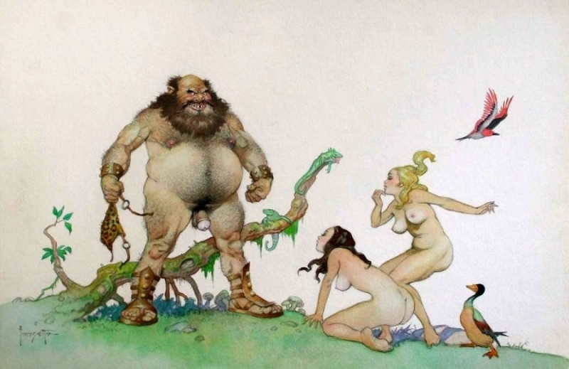 frank frazetta Watercolor 'Beauty Meets Beast'