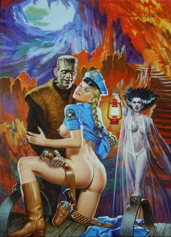 Frankenstein with semi nude police woman