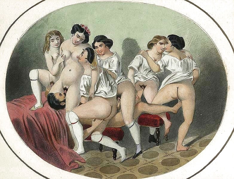 French erotic painting one man with six women