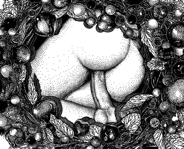 FRUITS OF THE LOINS  Apples, figs and grapes with glistening honeyed folds. A bold mushroom reaches for the fervent moon of September. (2022) by Apollonia Saintclair (detail)
