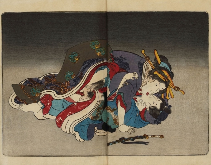 geisha on top of young man kissing shunga-kunisada-12