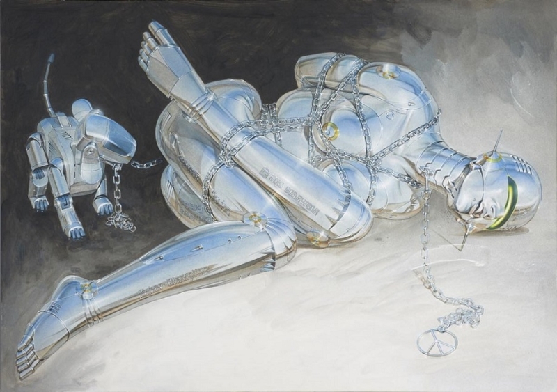 Hajime Sorayama tied robot with robotic dog