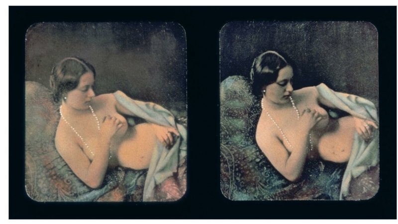Halbakt mit Perlenkette (Semi-nude with pearl necklace), stereoscopic erotic daguerreotype by Alexis Gouin ca 1850s Halbakt mit Perlenkette (Semi-nude with pearl necklace), stereoscopic erotic daguerreotype by Alexis Gouin ca 1850s