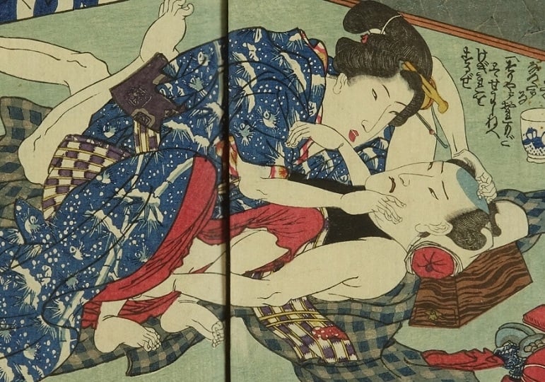 hana ikada Kuniyoshi lovers caressing each other detail