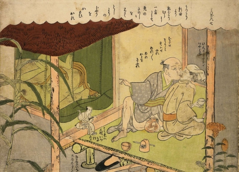 Harunobu’s Shunga depicting young and senior couples watched by Maneemon
