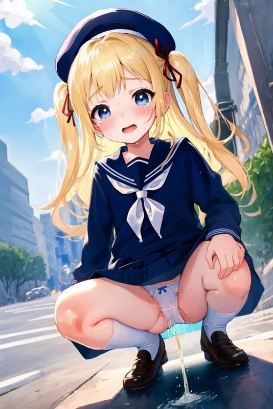 Hentai art depicting a blonde girl peeing after school