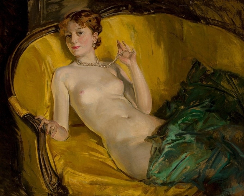 Howard Chandler Christy Nude Wearing Pearls