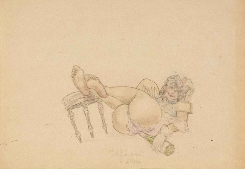 illustration of a drunk semi-nude female holding a champagne bottle