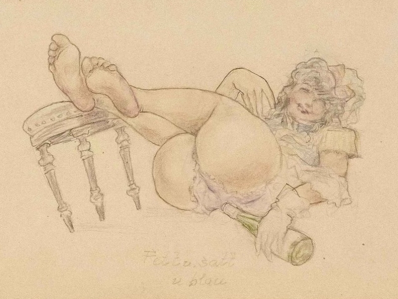illustration of a drunk semi-nude female holding a champagne bottle (detail)