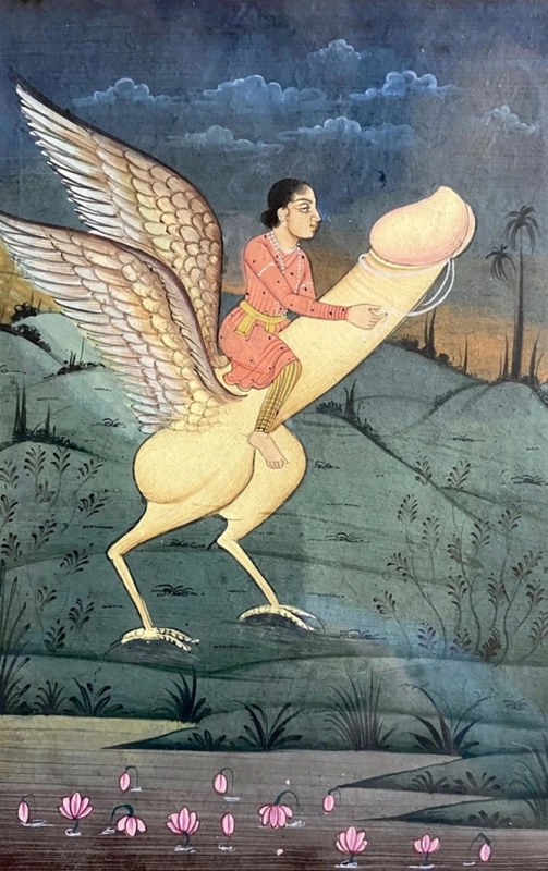 Indian erotic painting - Girl on plying phallus Indian erotic painting - Girl on plying phallus