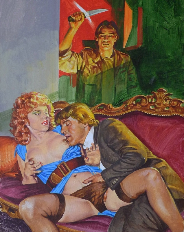 intimate couple on sofa with killer holding knife behind them by Alessandro Biffignandi