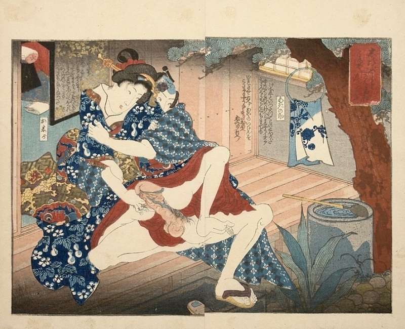intimate couple on the porch shunga