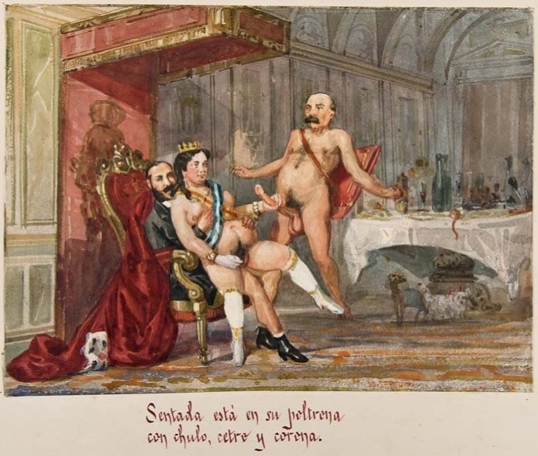Isabel II, Vignette of the satirical saga Los Borbones en Pelota, 1869 with the couple sitting in her armchair, with scepter, pimp and crown