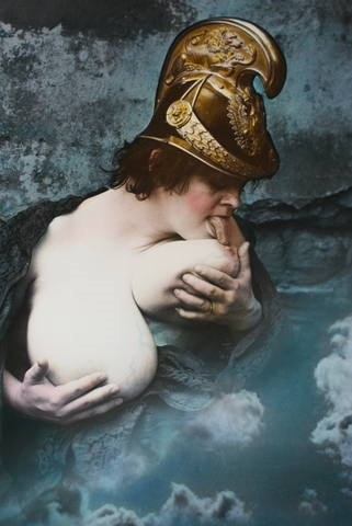 Jan Saudek female licking her own breast