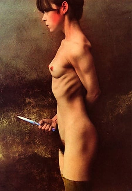 Jan Saudek nude female holding a knife