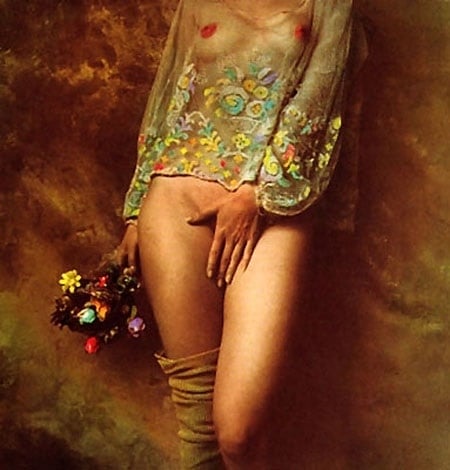 Jan Saudek semi nude holding her hand before her private parts