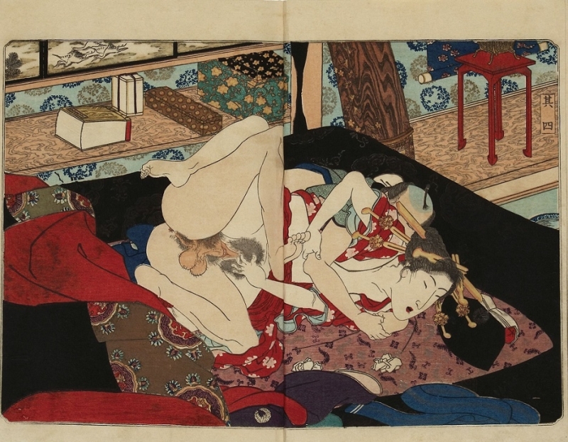Japanese erotic print with geisha making love to a client