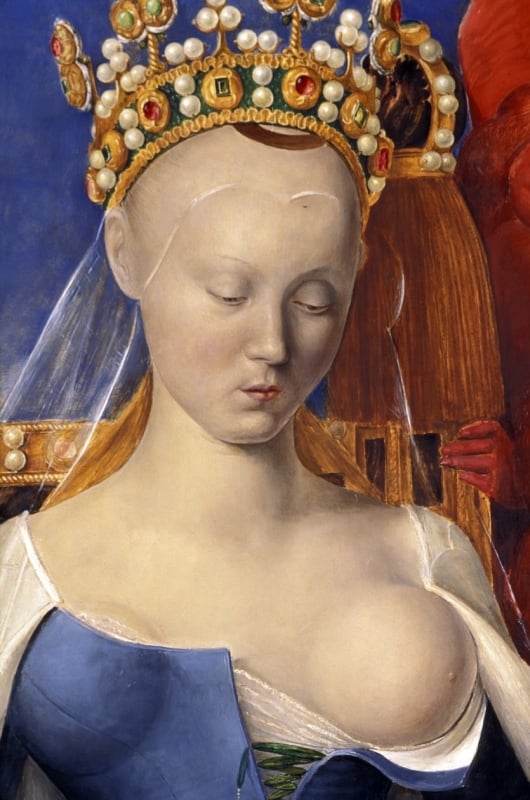 Jean Fouquet, close up of Agnès Sorel depicted as Virgo lactans (The nursing Virgin) after the Virgin of Antwerp, ca 1452-1455.