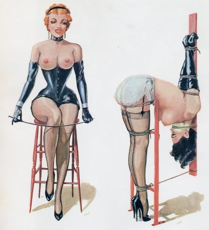 John Willie mistress with whip and tied slave