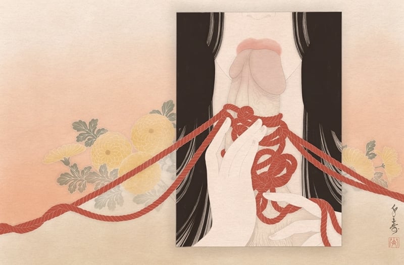 Kigiku (yellow chrysanthemum),36 persona views of mount Fuji, 2023. Shunga print series by Senju (Matti Sandberg), contemporary artist, Two Cranes Gallery