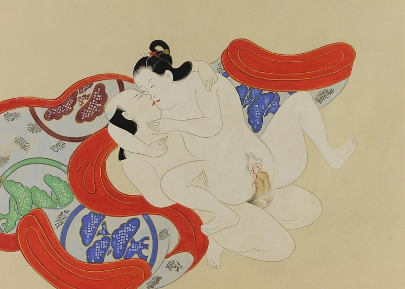 kiyonobu Female-male copulation next to a kaimaki futon