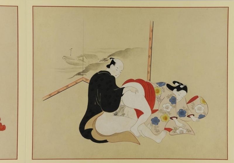 kiyonobu Homosexual intercourse in front of the screen with a depiction of a fisherman's boat
