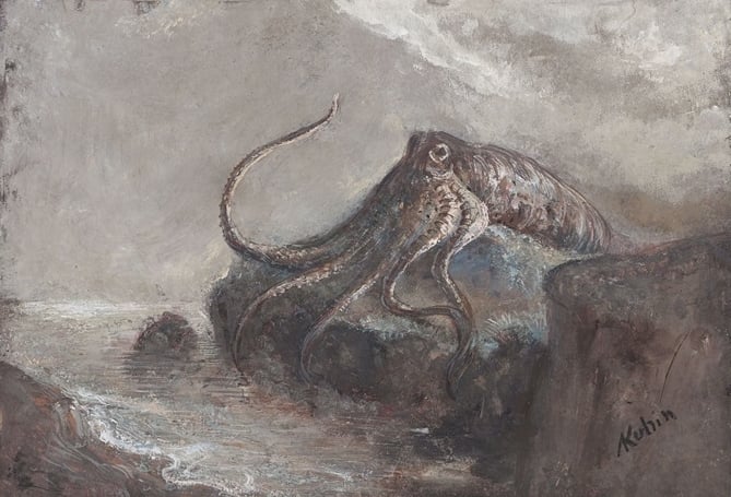 Kraken on a rock by Alfred Kubin