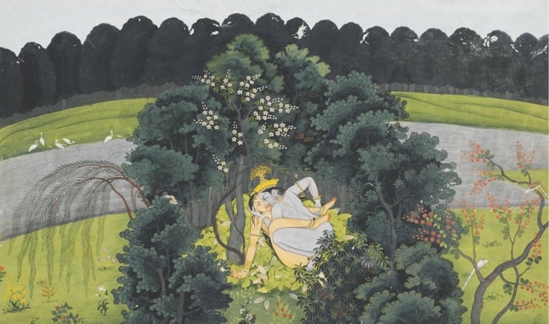 Krishna and Radha Making Love in a Leafy Bower on the Banks of the Yamuna, Kangra or Guler Painting