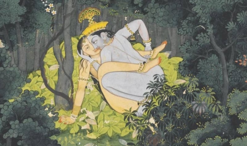 Krishna and Radha Making Love in a Leafy Bower on the Banks of the Yamuna, Kangra or Guler Painting (detail)