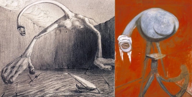 Kubin, Danger, 1901; right: Francis Bacon, The study for a figure at the base of a crucifixion, 1944