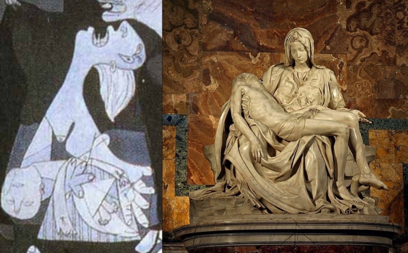 Left: Guernica (detail); right: Michelangelo's Pietà in St. Peter's Basilica