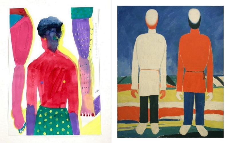 Left: Kaneko, Man and Woman (Instagram.com); right: Malevich, Two peasants in white and red, 1920s