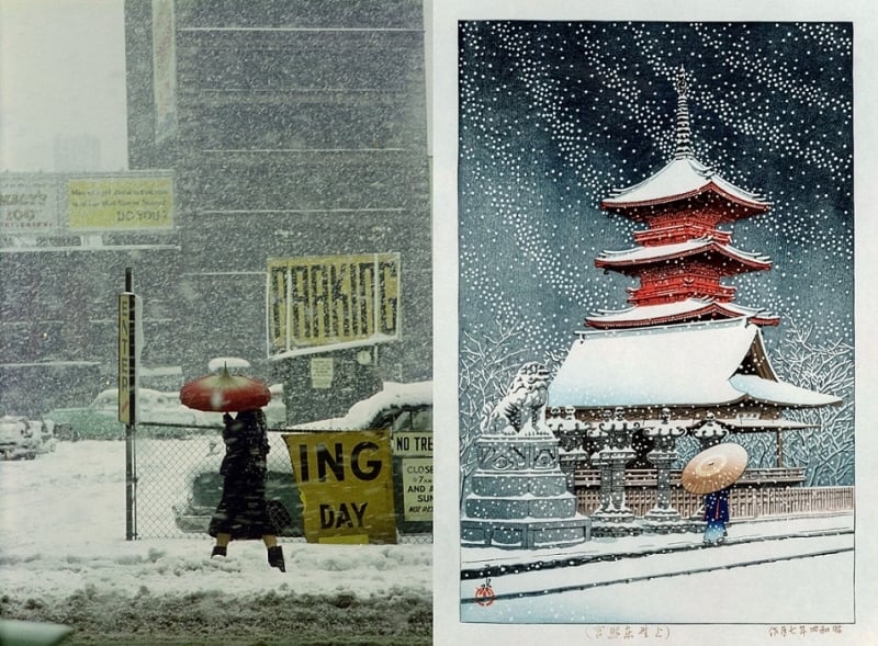 Left: Saul Leiter, Untitled ; right: Kawase Hasui, Snow at Toshogu Shrine