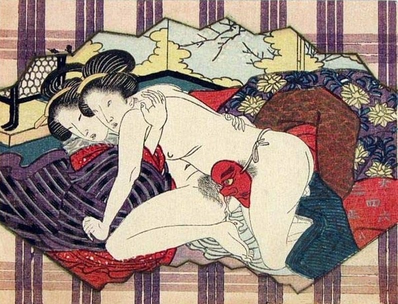 'Lesbian couple using a Tengu mask as a strap-on' (c.1830) attrib. to Keisai Eisen