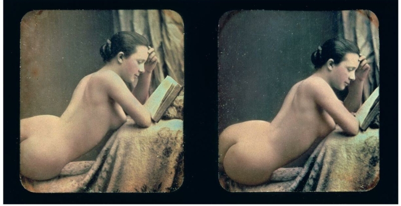 Lesende Schöne (Reading Beauty), erotic stereoscopic daguerreotype by Bruno Braquehais (1823-1875) ca 1850s Lesende Schöne (Reading Beauty), erotic stereoscopic daguerreotype by Bruno Braquehais (1823-1875) ca 1850s