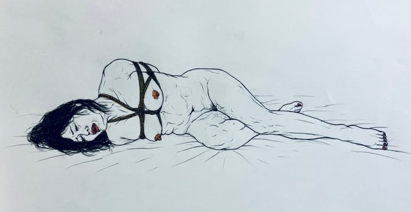 Lying bounded woman by Japanese SM illustrator Taku