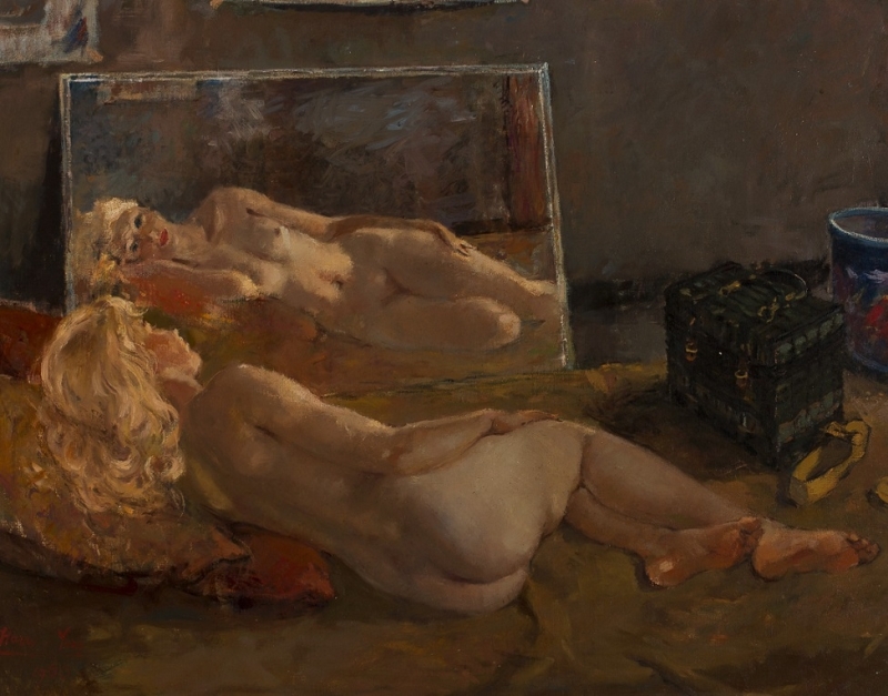 lying nude looking at herself in the mirror harry maas