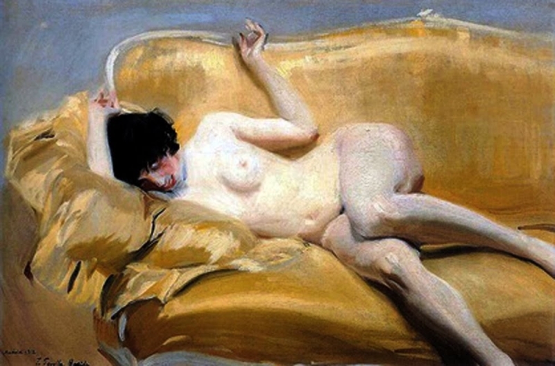 lying nude on couch by Joaquín Sorolla