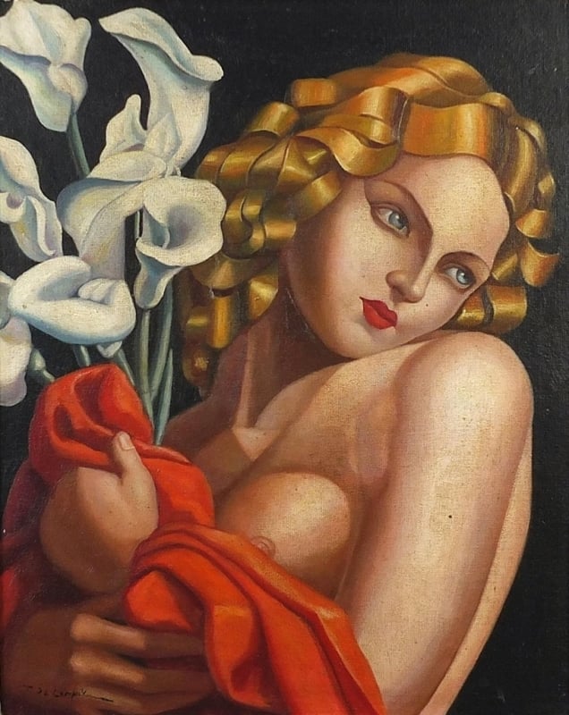 Manner of De Lempicka, Art Deco Nude, female holding flowers, Manner of De Lempicka, Art Deco Nude, female holding flowers