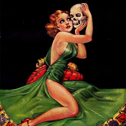Margaret Brundage female holding skeleton head