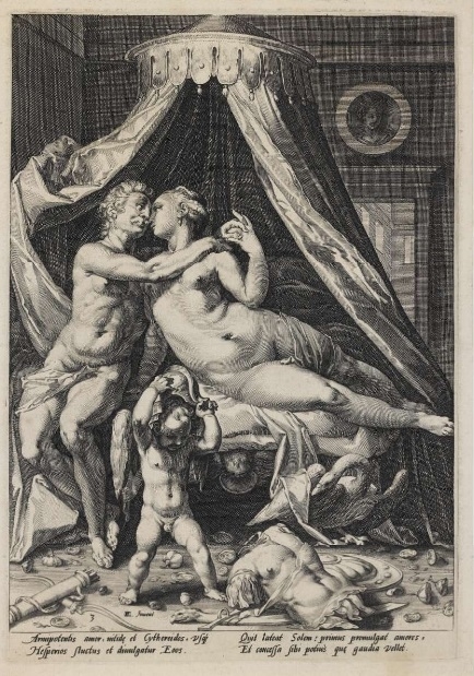 Mars and Venus with Cupid trying to wear a helmet