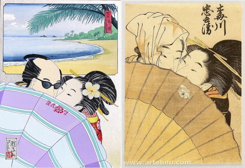 masako asaba Utamaro, Lovers behind umbrella