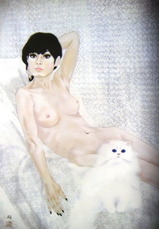 matazo kayama painting of a nude woth white cat