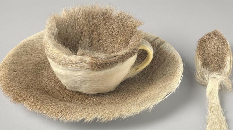 Méret Oppenheim. Object. 1936. Fur-covered cup, saucer, and spoon. Purchase 2021 Artists Rights Society (ARS), New York Pro Litteris, Zurich. Méret Oppenheim. Object. 1936. Fur-covered cup, saucer, and spoon. Purchase 2021 Artists Rights Society (ARS), New York Pro Litteris, Zurich.