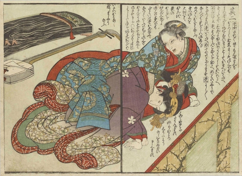 musicians on stage in (Ehon Kaichū Kagami), attributed to Utagawa Toyokuni